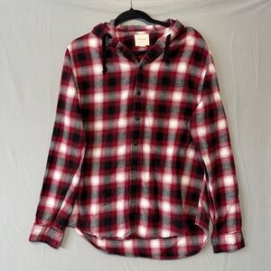 American Eagle Mens Plaid Hooded Flannel Shirt Size Medium Red Black Cotton